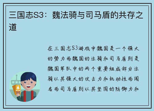 三国志S3：魏法骑与司马盾的共存之道